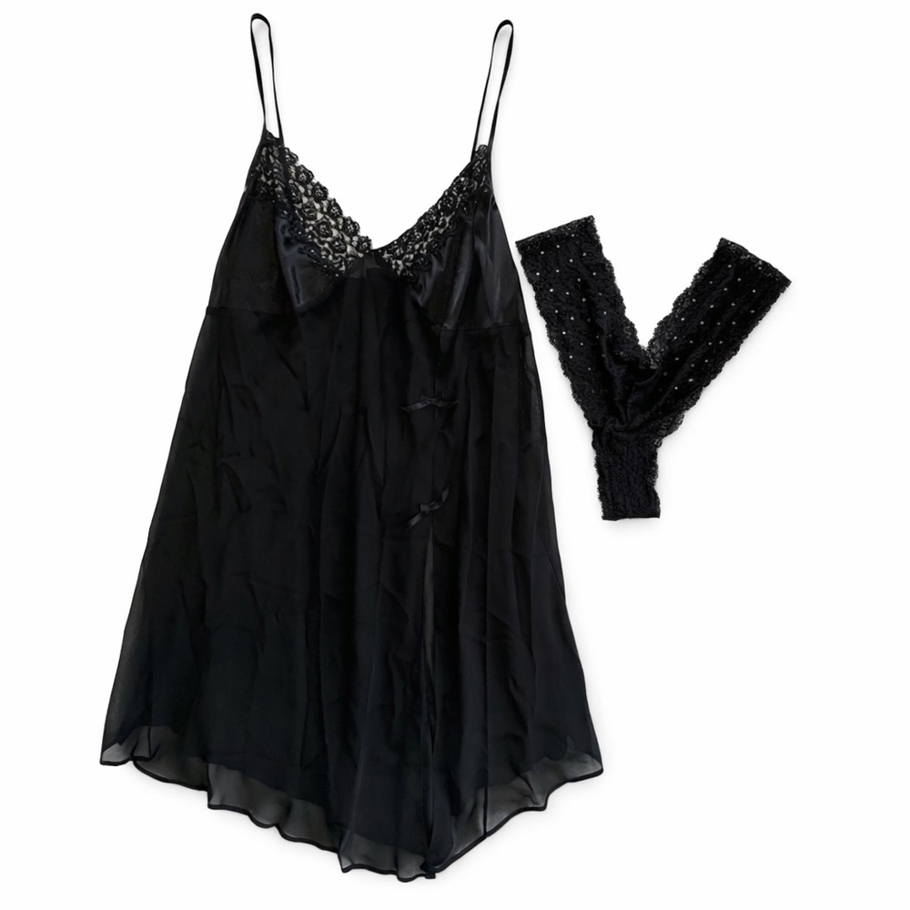 Black Chemise Negligee Lace Chiffon with thong size M